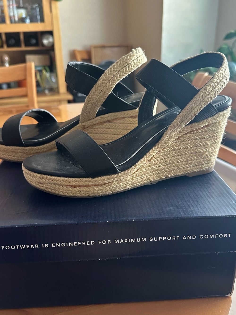 Chaps Black and Natural Espadrille Wedge Sandals